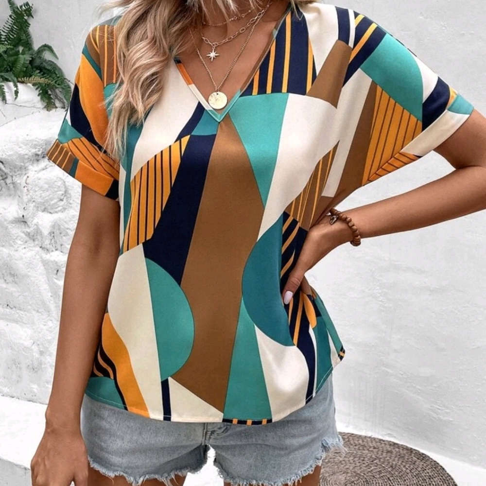 SHEIN LUNE Striped & Geo Print Batwing Sleeve Blouse Regular Size 12 XL